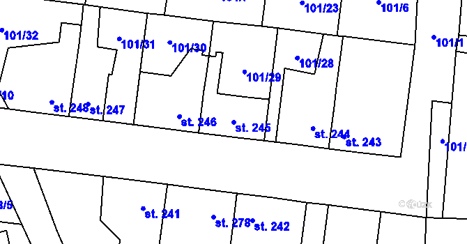 Parcela st. 245 v KÚ Rosice nad Labem, Katastrální mapa