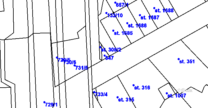 Parcela st. 308/1 v KÚ Rosice nad Labem, Katastrální mapa
