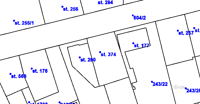 Parcela st. 374 v KÚ Rosice nad Labem, Katastrální mapa