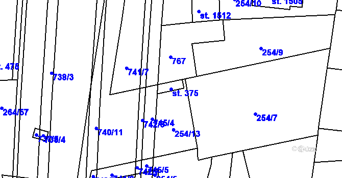 Parcela st. 375 v KÚ Rosice nad Labem, Katastrální mapa