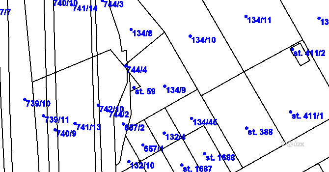 Parcela st. 134/9 v KÚ Rosice nad Labem, Katastrální mapa