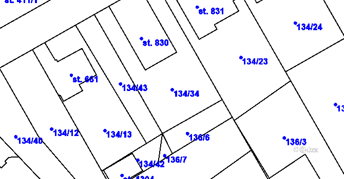 Parcela st. 134/34 v KÚ Rosice nad Labem, Katastrální mapa