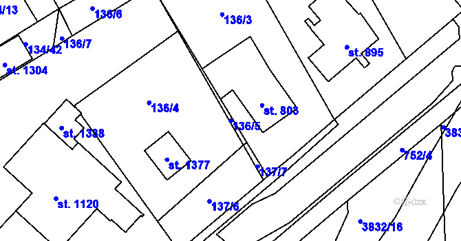 Parcela st. 136/5 v KÚ Rosice nad Labem, Katastrální mapa