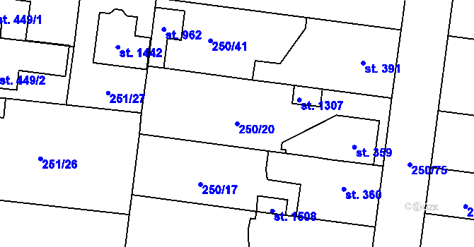 Parcela st. 250/20 v KÚ Rosice nad Labem, Katastrální mapa