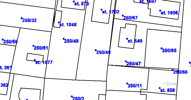 Parcela st. 250/49 v KÚ Rosice nad Labem, Katastrální mapa
