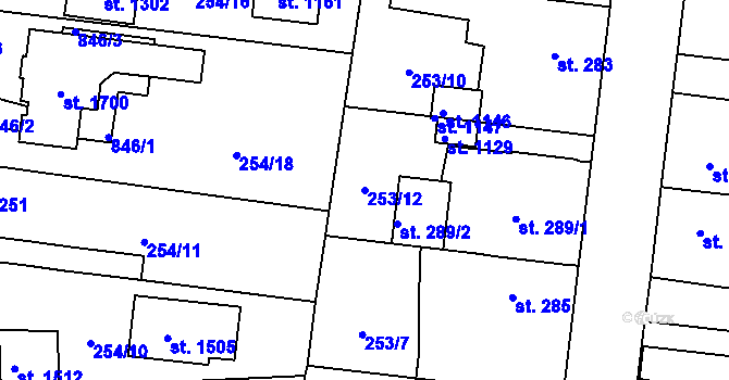 Parcela st. 253/12 v KÚ Rosice nad Labem, Katastrální mapa