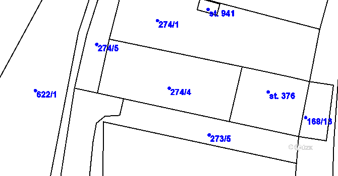 Parcela st. 274/4 v KÚ Rosice nad Labem, Katastrální mapa