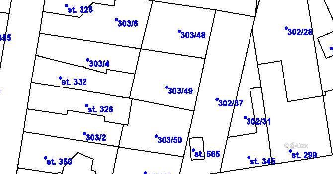 Parcela st. 303/49 v KÚ Rosice nad Labem, Katastrální mapa