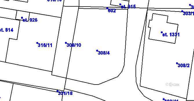 Parcela st. 308/4 v KÚ Rosice nad Labem, Katastrální mapa