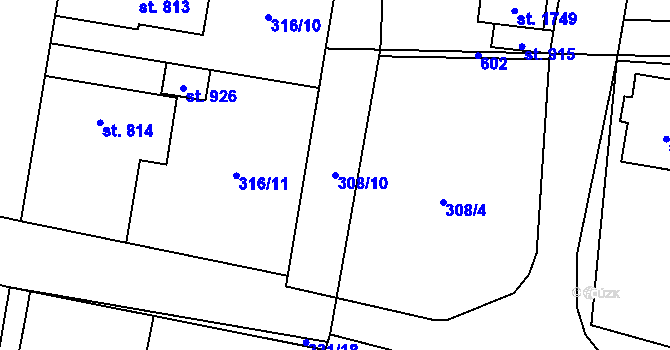 Parcela st. 308/10 v KÚ Rosice nad Labem, Katastrální mapa