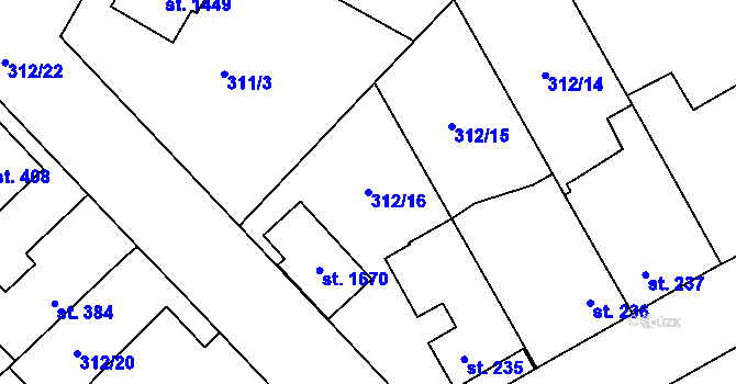 Parcela st. 312/16 v KÚ Rosice nad Labem, Katastrální mapa