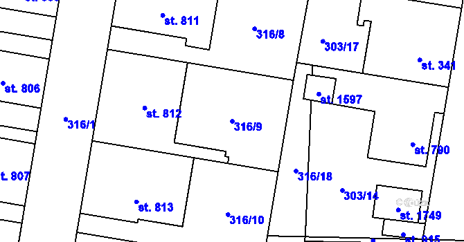 Parcela st. 316/9 v KÚ Rosice nad Labem, Katastrální mapa