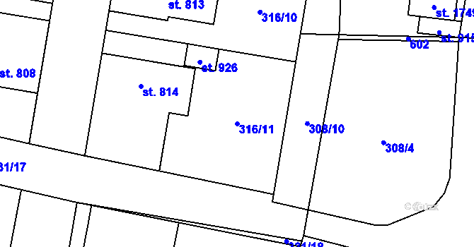 Parcela st. 316/11 v KÚ Rosice nad Labem, Katastrální mapa