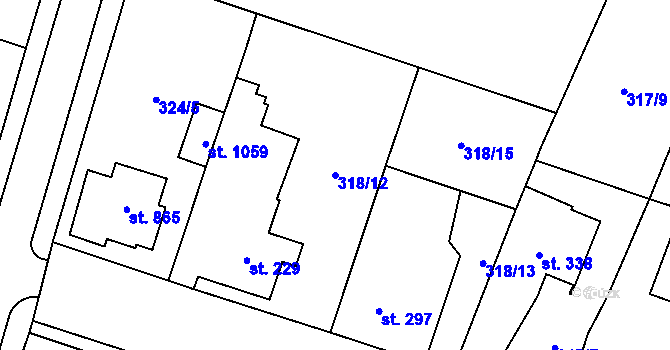 Parcela st. 318/12 v KÚ Rosice nad Labem, Katastrální mapa