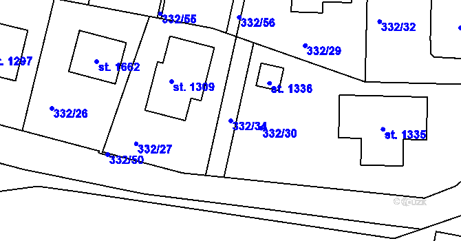 Parcela st. 332/34 v KÚ Rosice nad Labem, Katastrální mapa