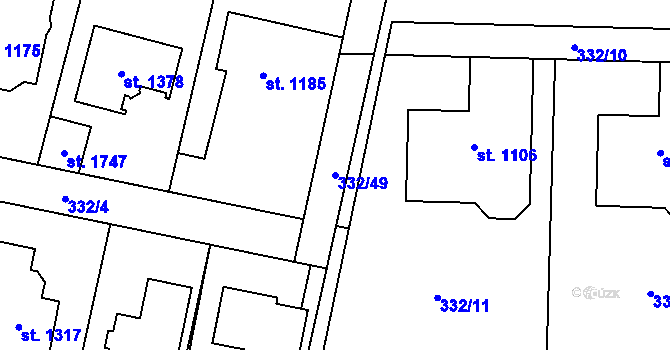 Parcela st. 332/49 v KÚ Rosice nad Labem, Katastrální mapa