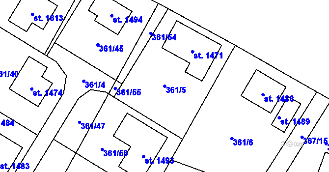 Parcela st. 361/5 v KÚ Rosice nad Labem, Katastrální mapa