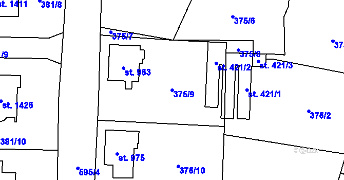 Parcela st. 375/9 v KÚ Rosice nad Labem, Katastrální mapa