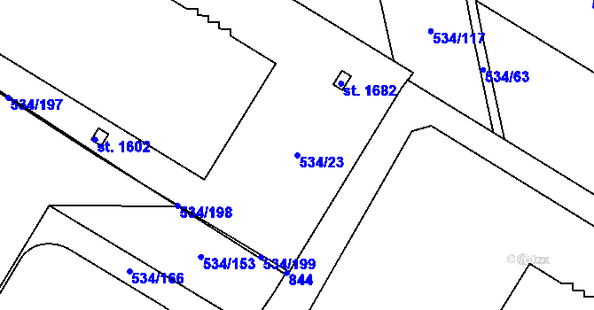 Parcela st. 534/23 v KÚ Rosice nad Labem, Katastrální mapa