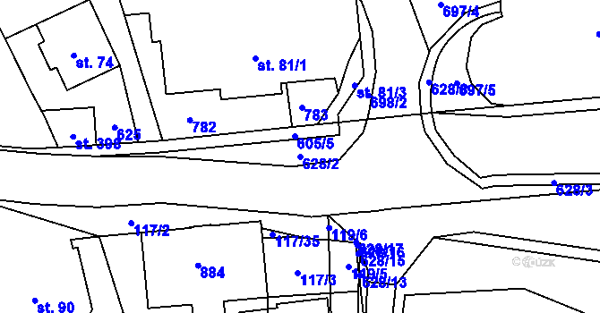 Parcela st. 628/2 v KÚ Rosice nad Labem, Katastrální mapa