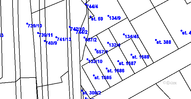 Parcela st. 657/1 v KÚ Rosice nad Labem, Katastrální mapa