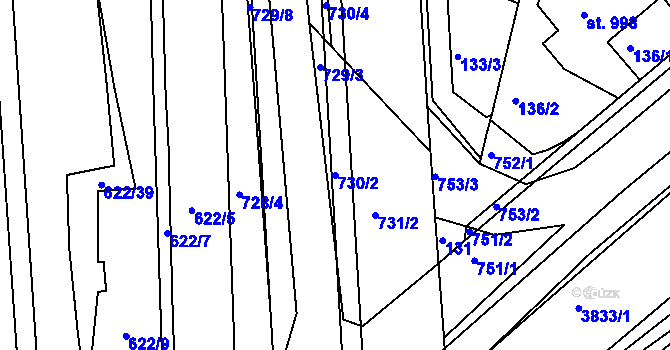 Parcela st. 730/2 v KÚ Rosice nad Labem, Katastrální mapa