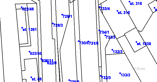 Parcela st. 730/5 v KÚ Rosice nad Labem, Katastrální mapa