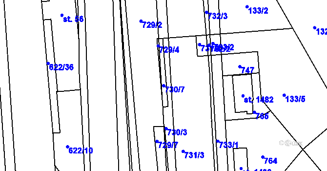 Parcela st. 730/7 v KÚ Rosice nad Labem, Katastrální mapa