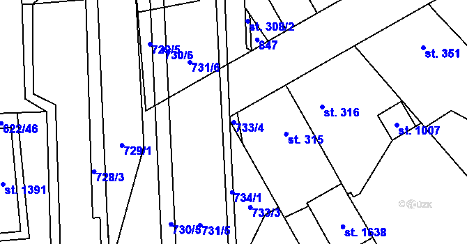 Parcela st. 733/4 v KÚ Rosice nad Labem, Katastrální mapa