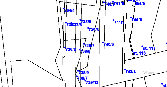 Parcela st. 739/7 v KÚ Rosice nad Labem, Katastrální mapa