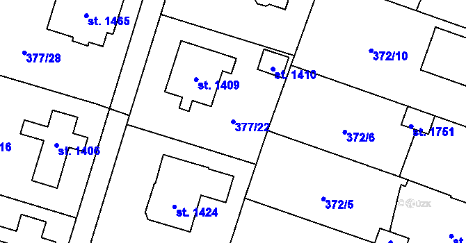 Parcela st. 377/22 v KÚ Rosice nad Labem, Katastrální mapa