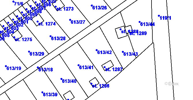 Parcela st. 613/42 v KÚ Rosice nad Labem, Katastrální mapa
