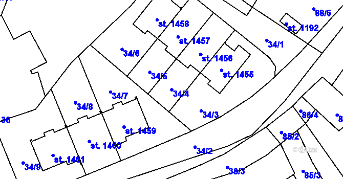 Parcela st. 34/4 v KÚ Rosice nad Labem, Katastrální mapa