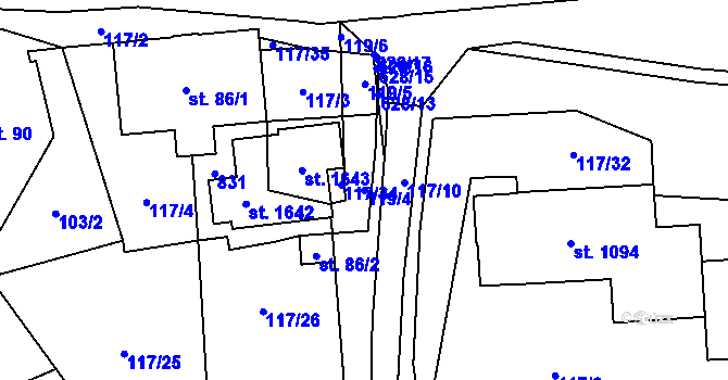 Parcela st. 119/4 v KÚ Rosice nad Labem, Katastrální mapa