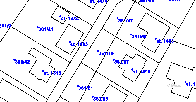 Parcela st. 361/49 v KÚ Rosice nad Labem, Katastrální mapa