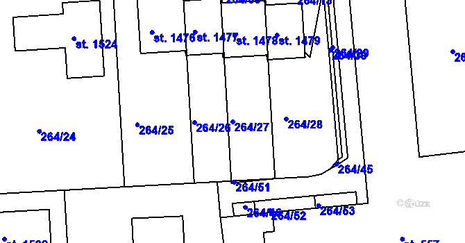 Parcela st. 264/27 v KÚ Rosice nad Labem, Katastrální mapa