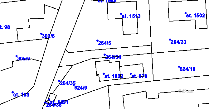 Parcela st. 264/34 v KÚ Rosice nad Labem, Katastrální mapa