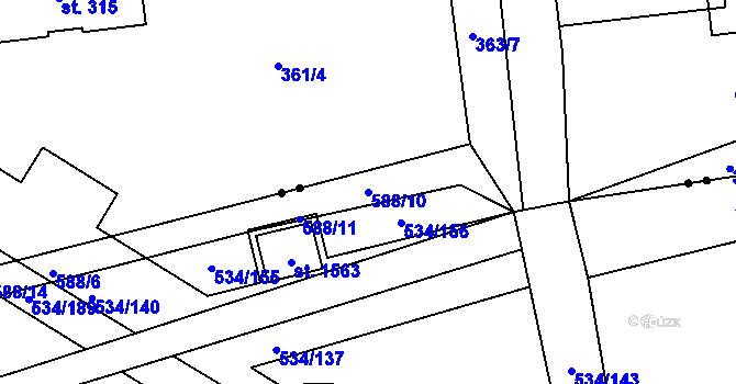 Parcela st. 588/10 v KÚ Rosice nad Labem, Katastrální mapa