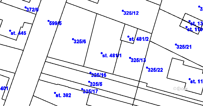 Parcela st. 481/1 v KÚ Rosice nad Labem, Katastrální mapa