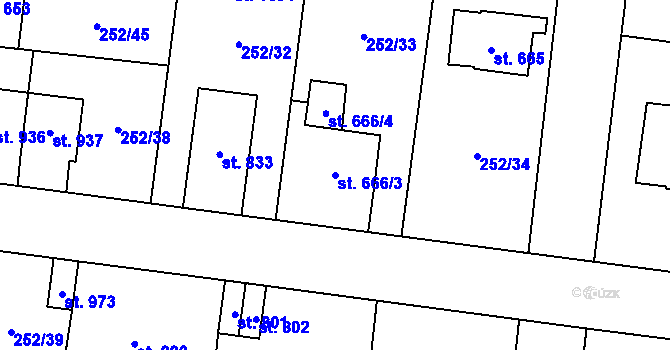 Parcela st. 666/3 v KÚ Rosice nad Labem, Katastrální mapa