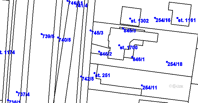 Parcela st. 846/2 v KÚ Rosice nad Labem, Katastrální mapa