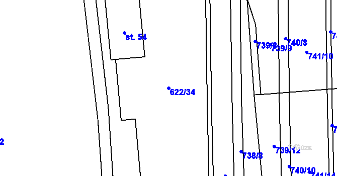 Parcela st. 622/34 v KÚ Rosice nad Labem, Katastrální mapa