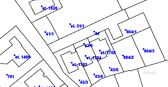 Parcela st. 43/6 v KÚ Rosice nad Labem, Katastrální mapa