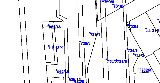 Parcela st. 728/3 v KÚ Rosice nad Labem, Katastrální mapa