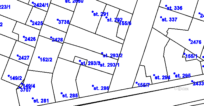 Parcela st. 293/2 v KÚ Rosice u Brna, Katastrální mapa