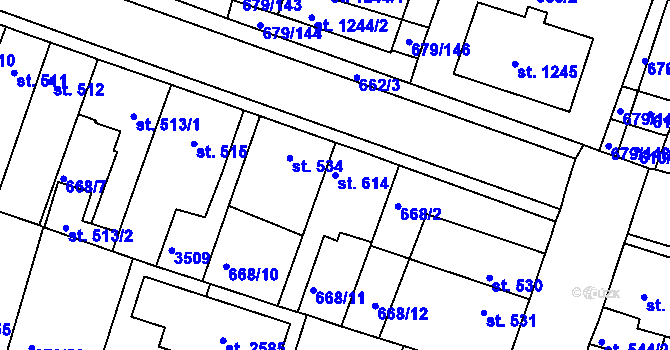 Parcela st. 614 v KÚ Rosice u Brna, Katastrální mapa