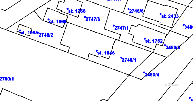 Parcela st. 1045 v KÚ Rosice u Brna, Katastrální mapa