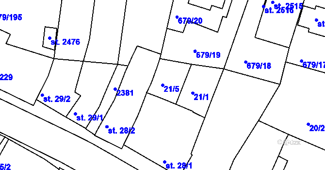 Parcela st. 21/5 v KÚ Rosice u Brna, Katastrální mapa