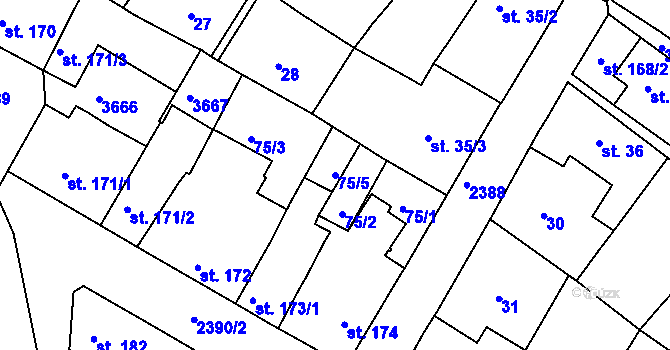 Parcela st. 75/5 v KÚ Rosice u Brna, Katastrální mapa
