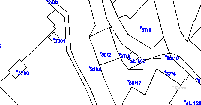Parcela st. 88/2 v KÚ Rosice u Brna, Katastrální mapa